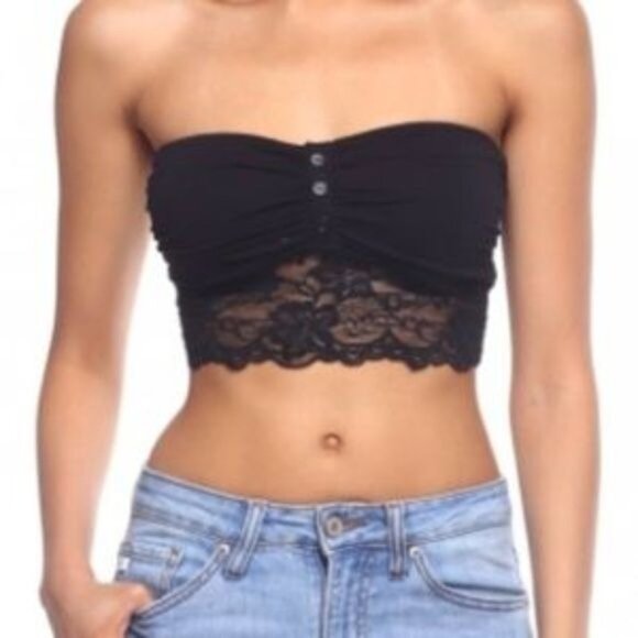 Black Lace Bandeau Top With Button Detail & Contrast Lace Trim - Picture 3 of 5